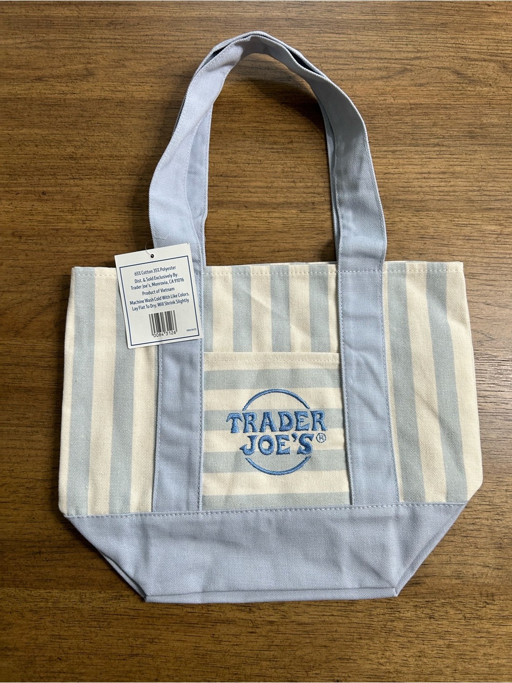 Trader Joe's Striped Mini Canvas Tote Bag Blue NWT Limited Edition 🆕 - Picture 2 of 3